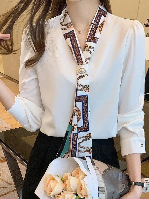 Professional long-sleeved suit tie tie printed chiffon puff sleeve shirt
