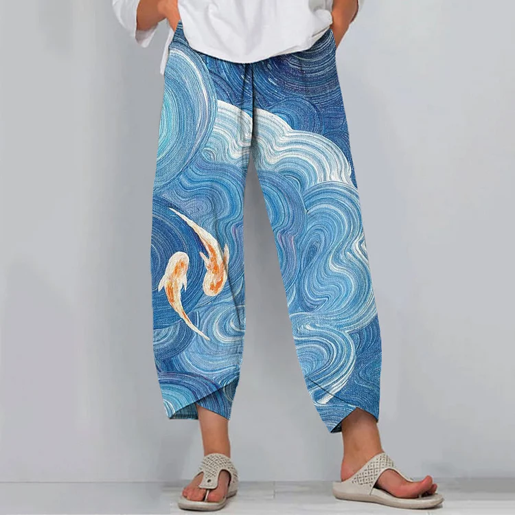 Comstylish Japanese Art Wave Goldfish Print Casual Pants