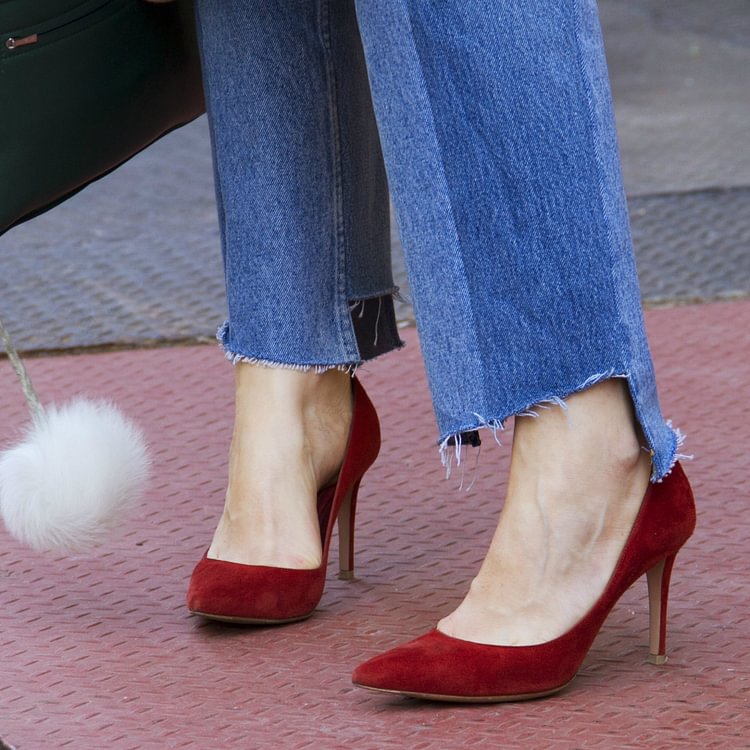 Women's Red Suede Kitten Office Heels Pointed Toe Pumps |FSJ Shoes