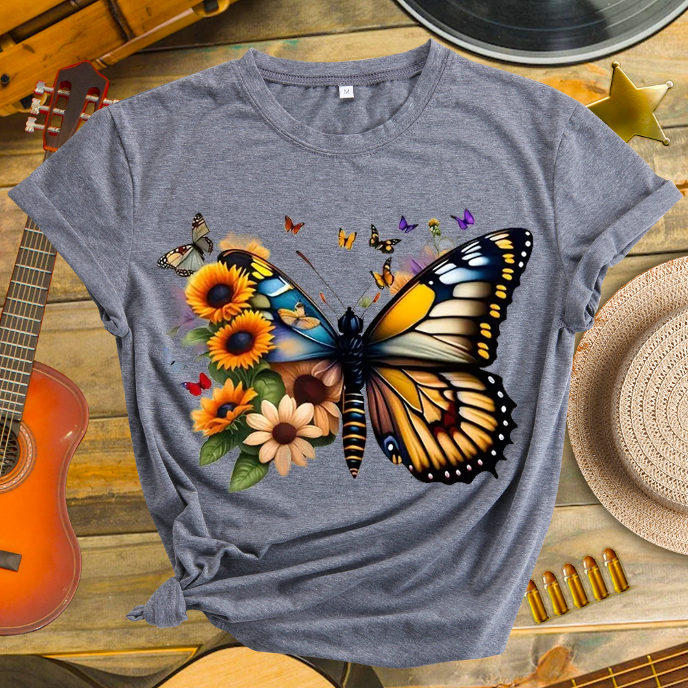 Casual Butterfly Pattern Neck T-shirt-Guru-buzz