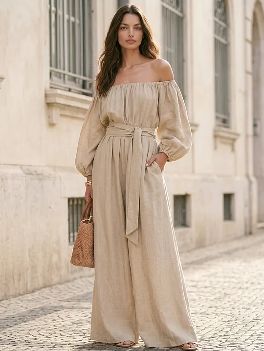 Women's Casual Khaki Cotton-Linen Off-Shoulder Long-Sleeve Jumpsuit MD