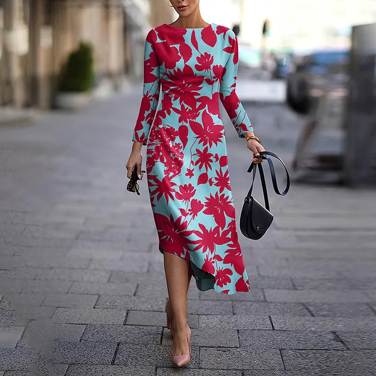Vefave Round Neck Red Floral Hem Irregular Midi Dress