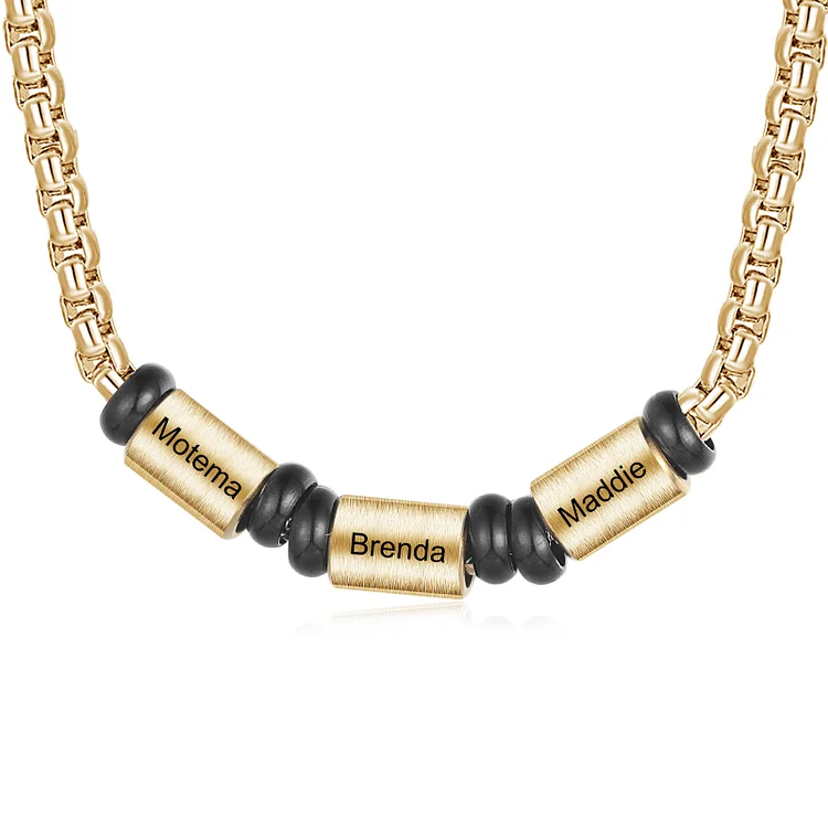 Personalized Men Beads Necklace with Box Chain Engrave 3 Names