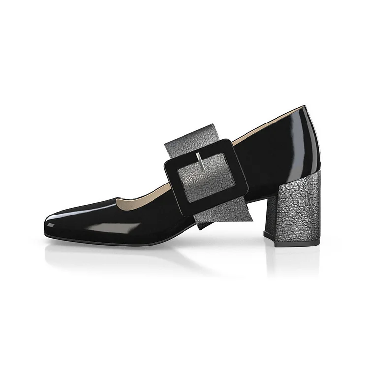 Black Patent Leather Block Heel Mary Jane Shoes with Oversized Buckle |FSJ Shoes