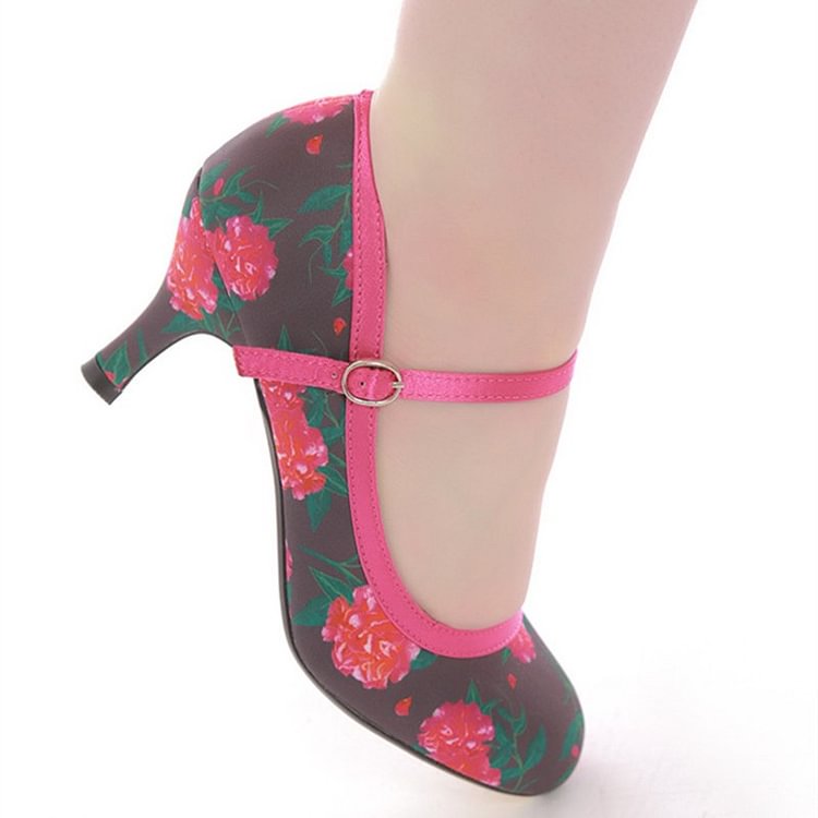 Pink Camellias Mary Jane Pumps Vintage Style Floral Heels |FSJ Shoes
