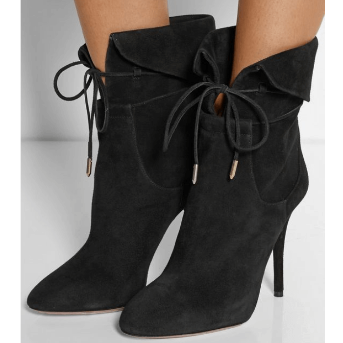 VCSHOES Lace Up High Heel Suede Pointed Toe Calf Boots