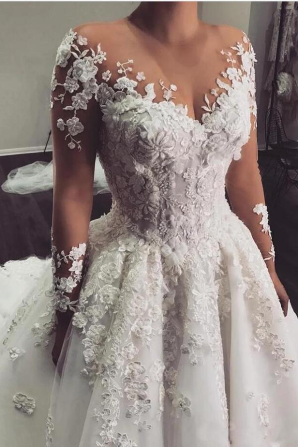 Dresseswow Glamorous Scoop Long Sleeve Wedding Dress Lace Appliques
