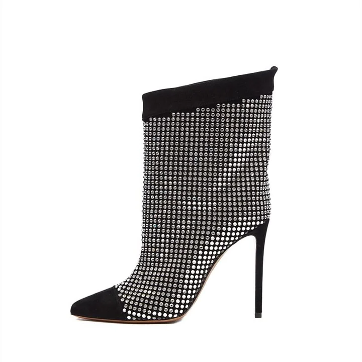 Black Rhinestone Stiletto Heel Mid-Calf Suede Boots Vdcoo