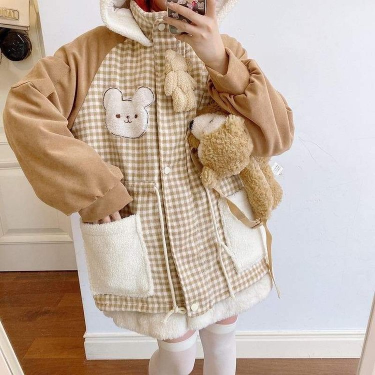 Thicken Warm Patchwork Plaid Cute Hooded Coat SP15495