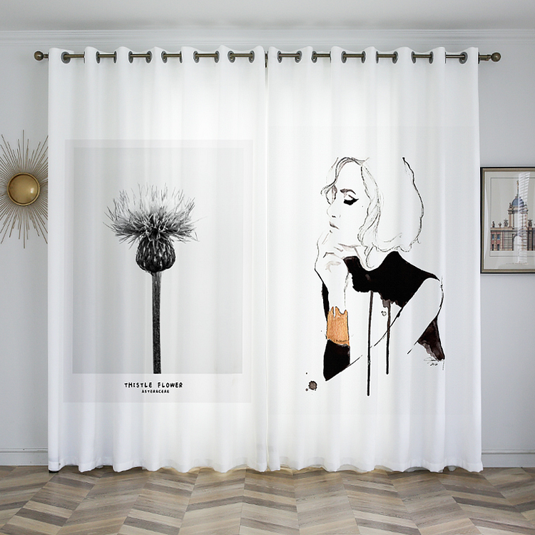 Indoor Semi-shading Curtains With Morandi Art Girl 2 panels-ChouChouHome