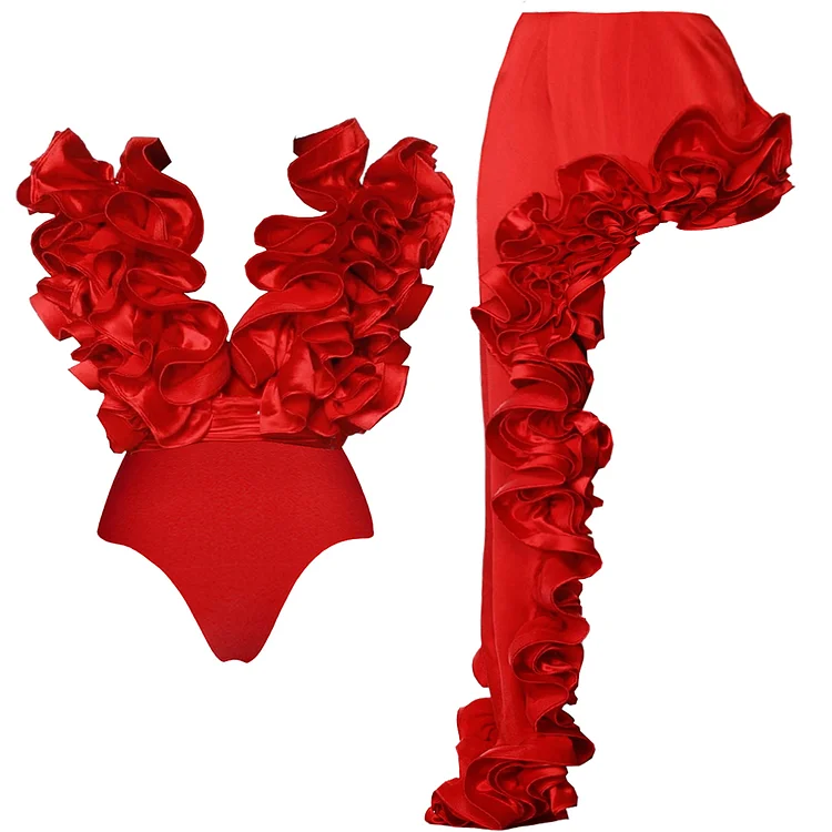 Plus Size Red Ruffle One Piece Swimsuit and Skirt Flaxmaker 