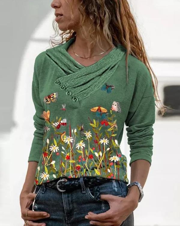Floral&Butterfly Print V-Neckline Pleated Long Sleeve Blouses