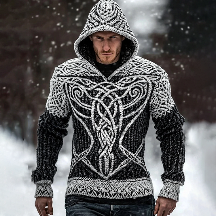Men's Viking Runes Pattern Jacquard Cozy Hooded Sweater