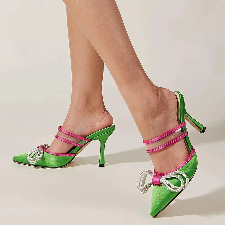 Lime Green Satin Rhinestone Bow Embellishment Pointed Toe Mule Heels |FSJ Shoes