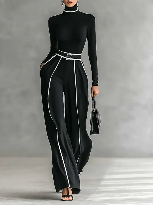 Women's White Trimmed Turtleneck Long Sleeve Top Wide Leg Pants Belt Two-Piece Set
