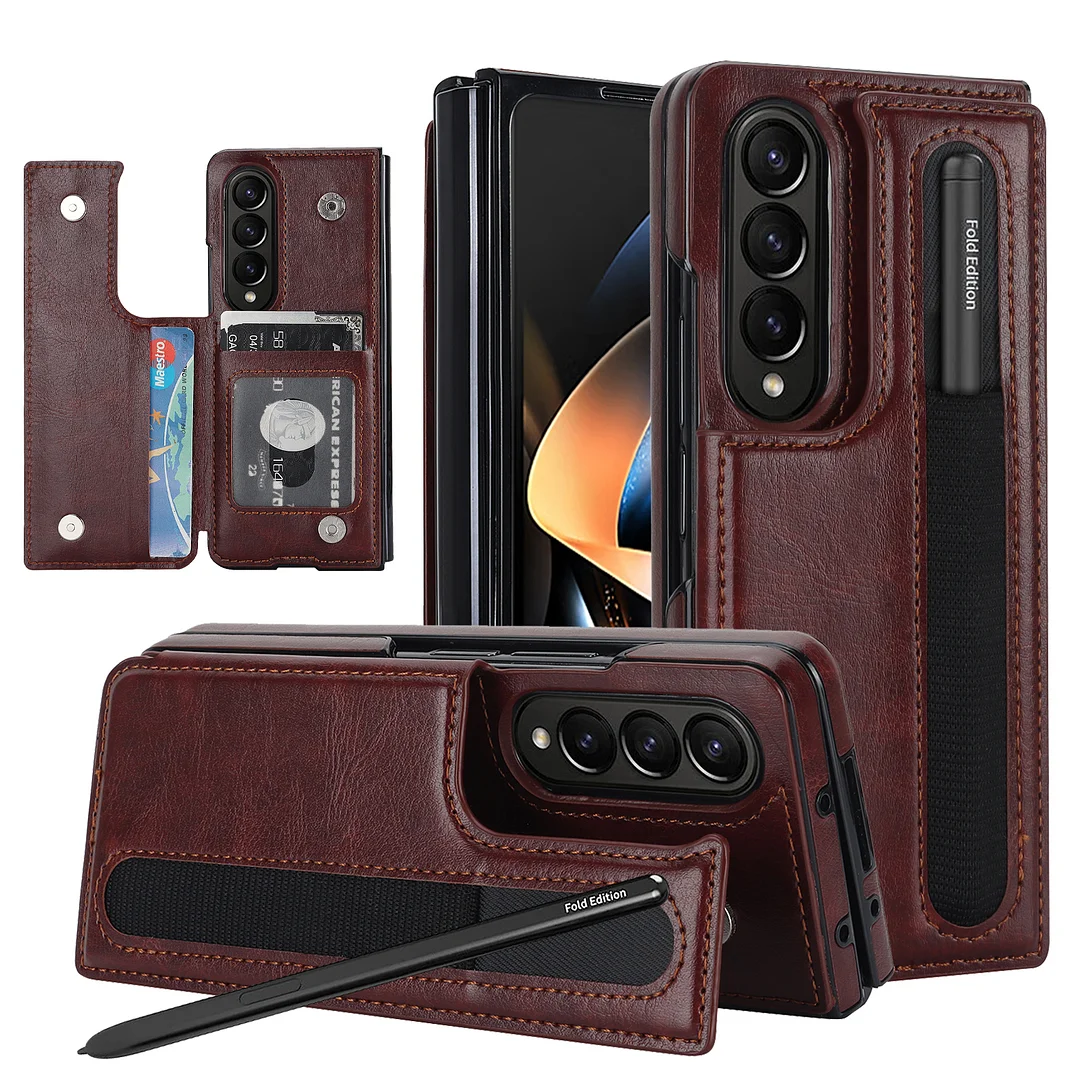 Luxury Retro Leather Phone Case With Cards Slot,Kickstand,Stylus,Stylus Slot For Galaxy Z Fold3/Z Fold4/Z Fold5