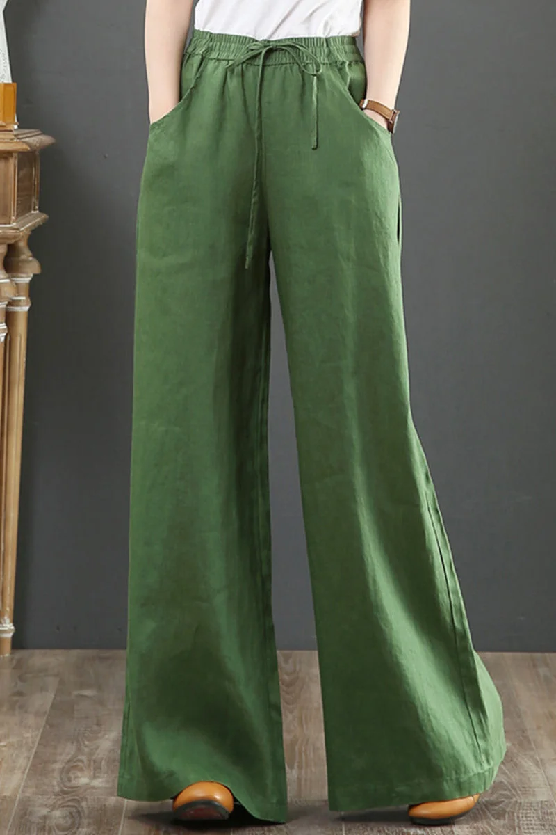 Casual Daily Solid Pocket Loose High Waist Wide Leg Solid Color Linen Pant Bottoms