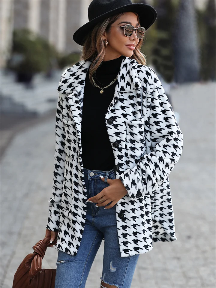 Autumn New Casual Plush Women's Long-sleeved Loose Kilobird Check Medium-length Blazer Collar Jacket-JRSEE