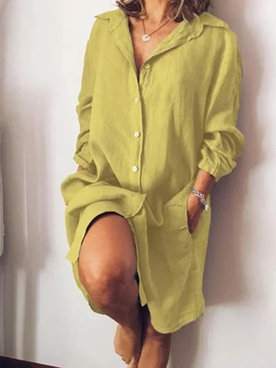 Buttoned Casual Linen Shirt Dress With Pockets