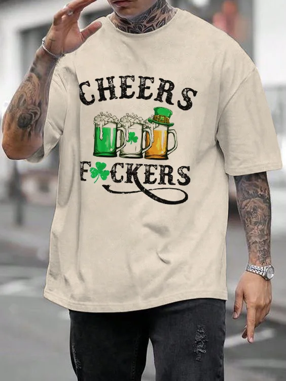 Men's Cheers Beers Shamrock Print St Patrick's Day Retro Tee