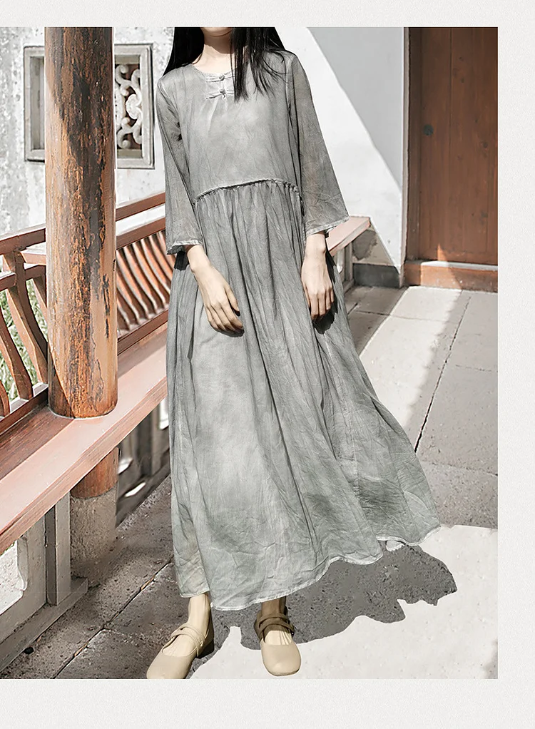 Vintage Cotton Linen Long Sleeve Maxi Dress