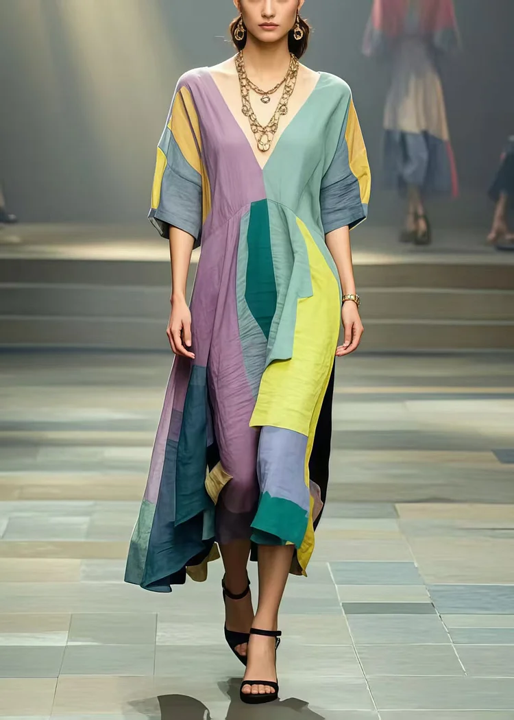 Colorblock Patchwork Cotton Long Dresses Asymmetrical Summer
