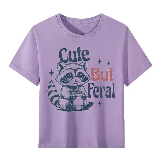 【2Y-13Y】Cute But Feral Cartoon Raccoon Print T-Shirt For Kids