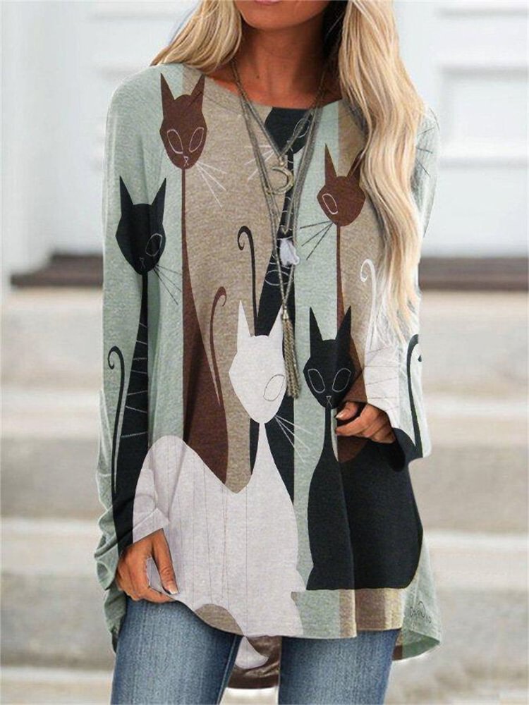 Cat Colorblock Art A Line T Shirt