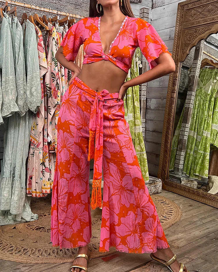 Ethnic Style Flower Ben Lace-Up Top and Pants Set