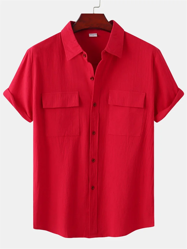 Summer New Men's Linen Short-sleeved Shirt Men's Square Collar Casual Cotton Linen Shirt Hemp Material Pure Color Half-sleeved Blouse