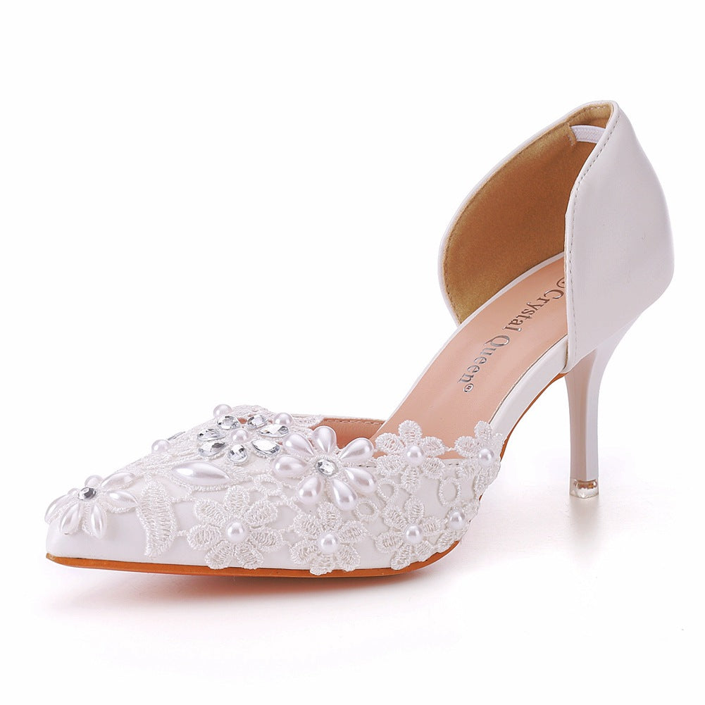 VCSHOES Rhinestone Lace Wedding Pointed Toe Stiletto Heel Sandals