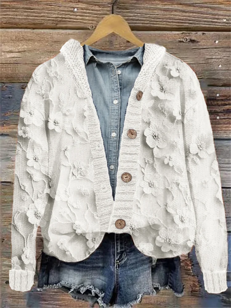 3d Floral Embroidered Lace Cozy Knit Hooded Cardigan