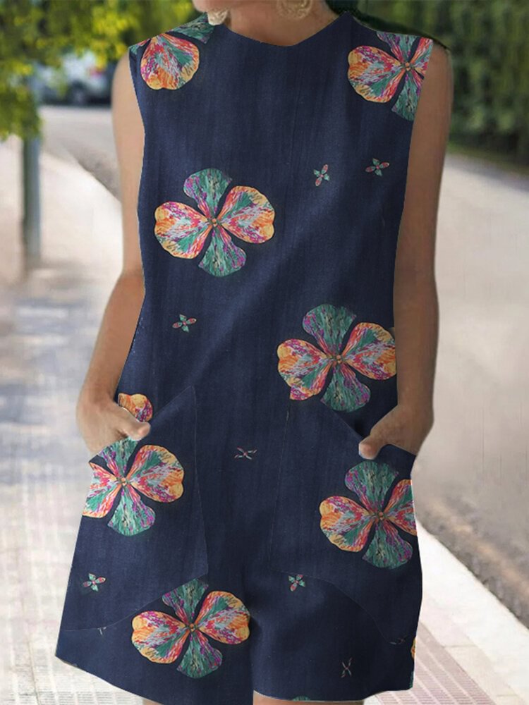 Flower Print Sleeveless Pocket Crew Neck Women Romper