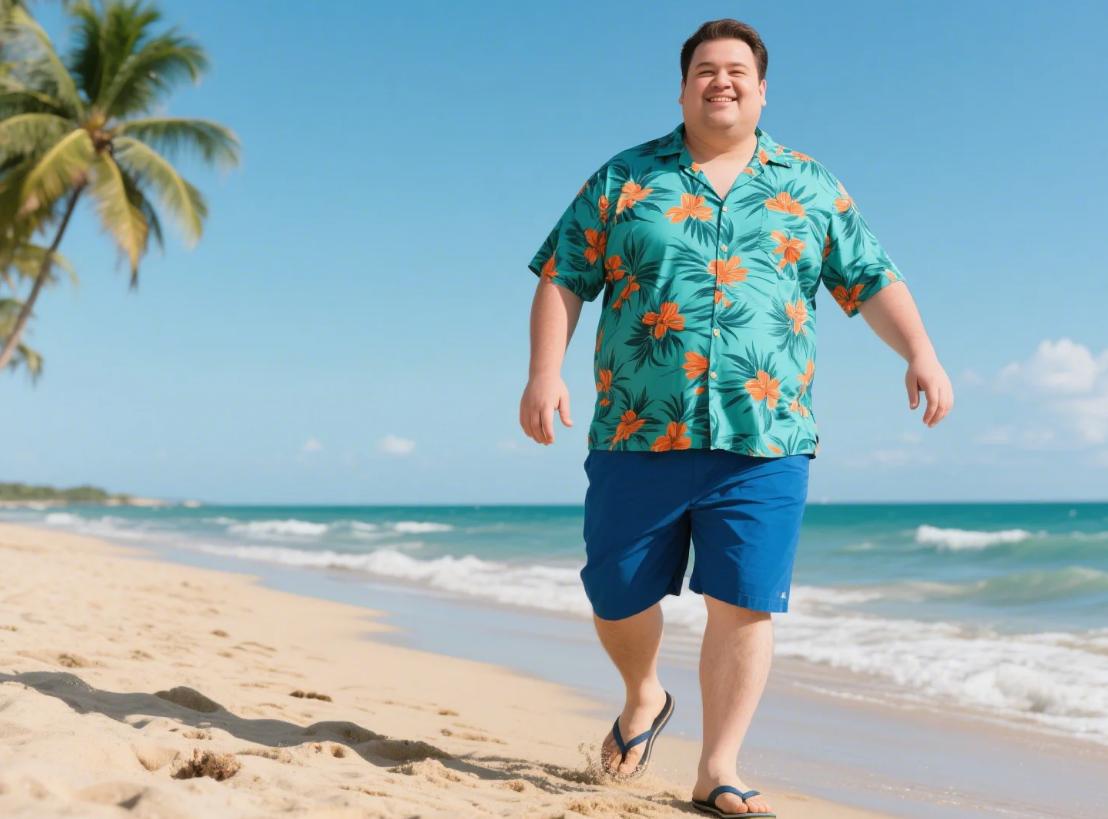 A men walking on the beach in big men's short sets.