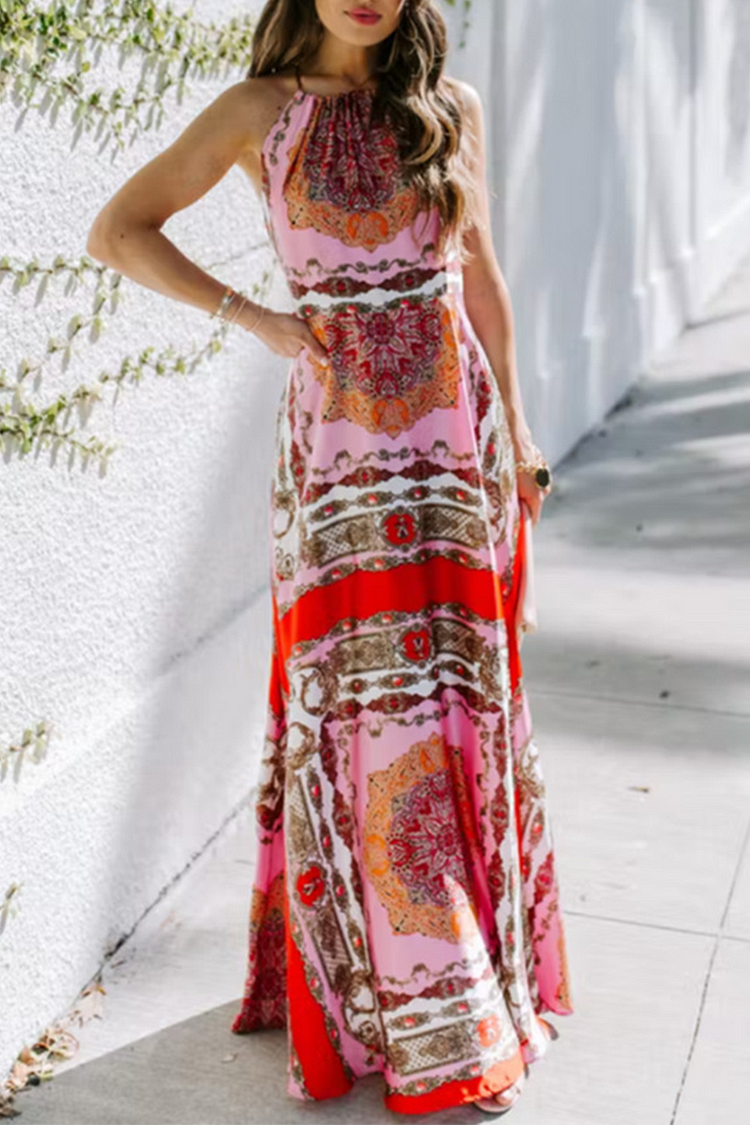 Casual Print Split Joint Halter Cake Skirt Dresses - Life is Beautiful for You - SheChoic
