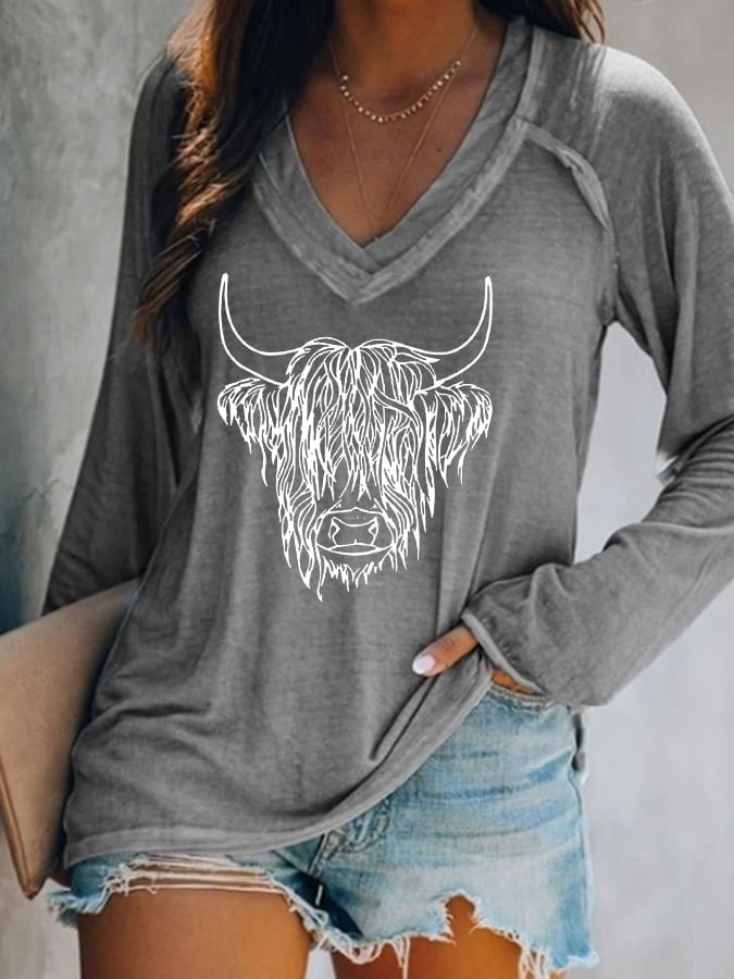 Women's Western Retro Highland Cow Casual V-Neck Long-Sleeve T-Shirt socialshop