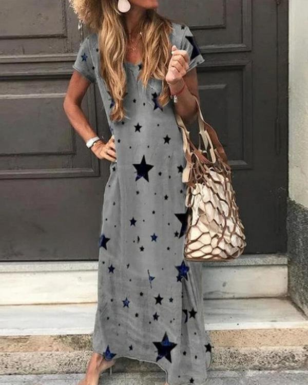 Women's Casual Loose Short Sleeve Printed Long Dress V-Neck Maxi Dresses