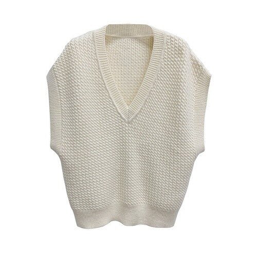 New Knitted Pullover Sweater for Women Solid V-neck Female Sleeveless Sweater Vest White Casual Loose Ladies Knitwear Tops - BlackFridayBuys