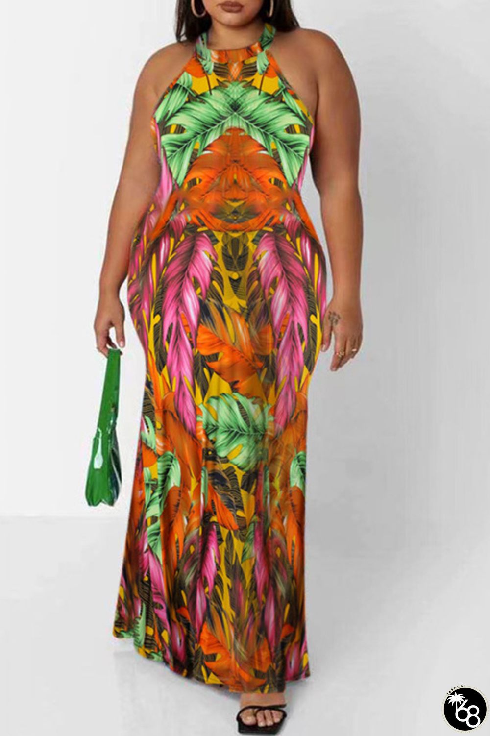 Orange Green Fashion Sexy Print Hollowed Out O Neck Sleeveless Dress Plus Size Dresses | 168DEAL
