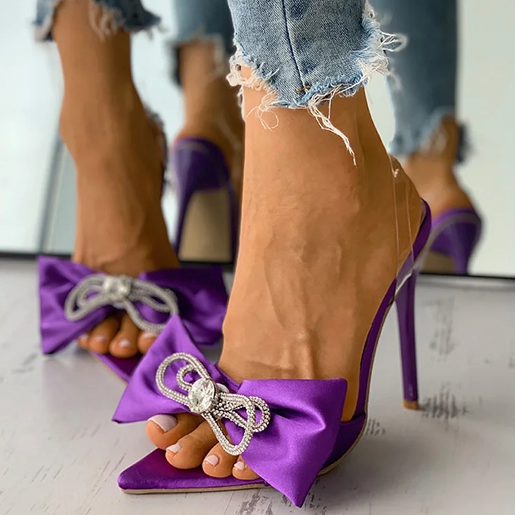 Purple Satin Rhinestone Bow Heels Transparent Strap Slingback Shoes |FSJ Shoes