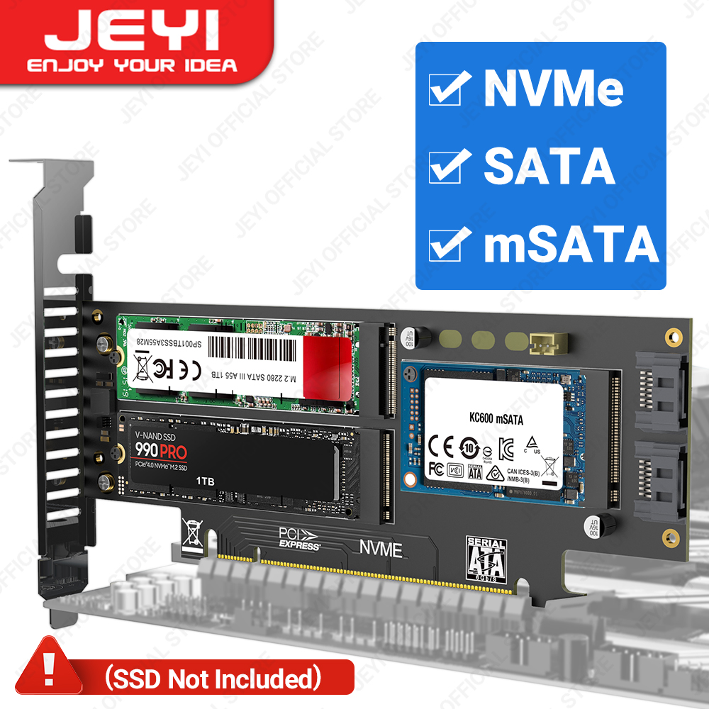 JEYI NVMe NGFF and mSATA SSD PCIe 4.0/3.0 Adapter Card, 3 in 1 M.2 NVME to  PCIE/M.2 SATA SSD to SATA III/mSATA to SATA Converter