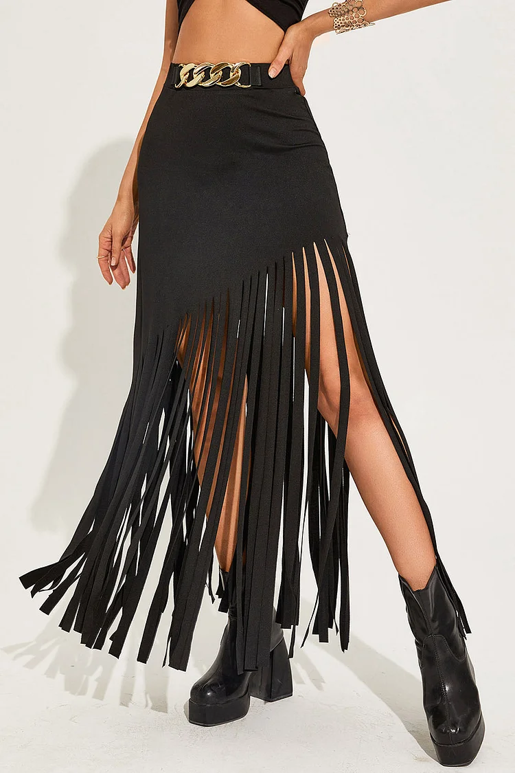 Gothic Black Party Fringe Irregular High Waist Midi Skirt