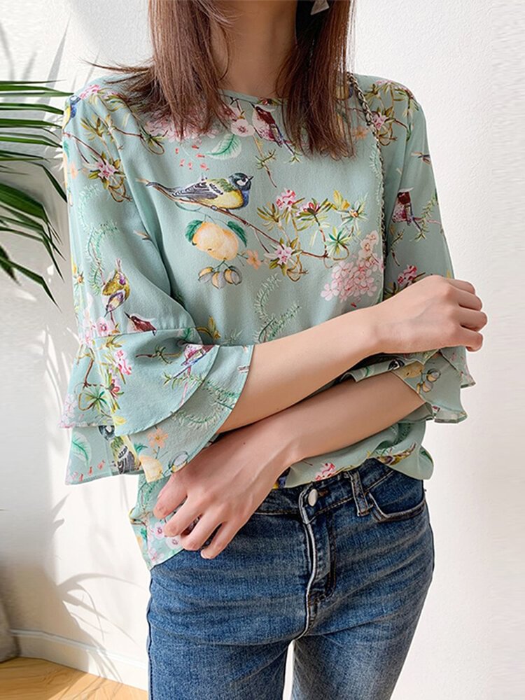 Plant Print Bell Sleeve Round Neck Blouse