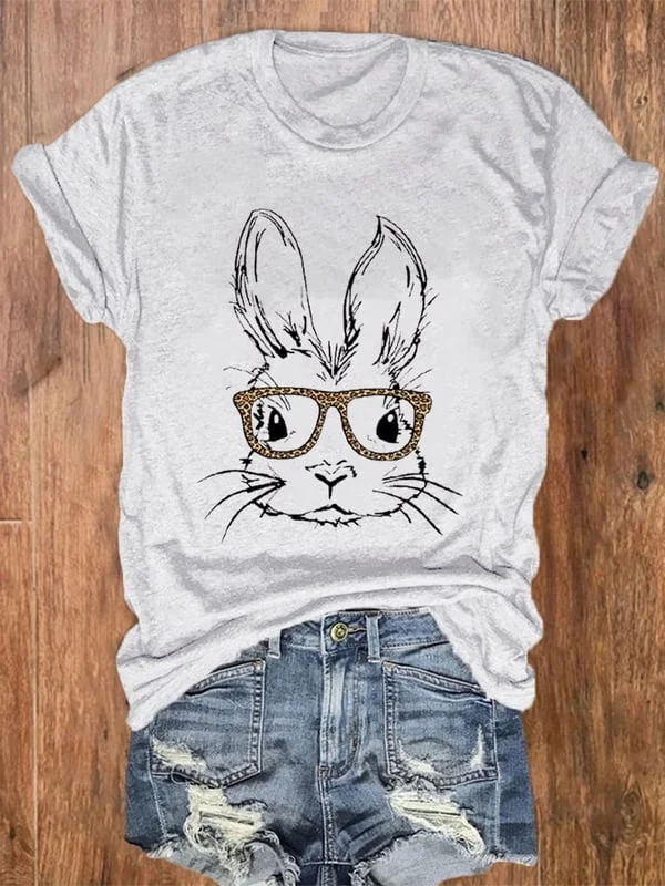 Women's Easter Cute Bunny With Glasses Leopard Print T-Shirt