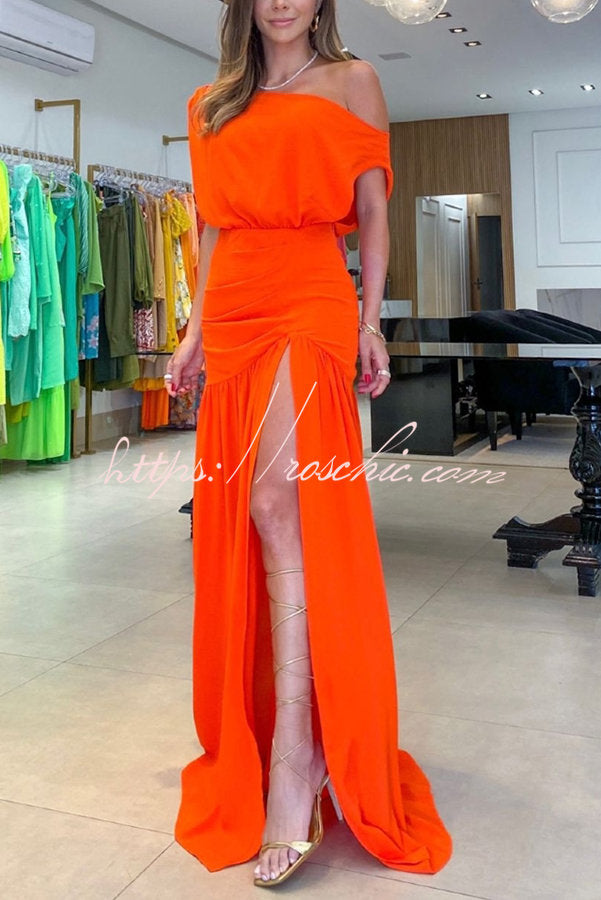 One-Shoulder Ruched Slit Maxi Dress