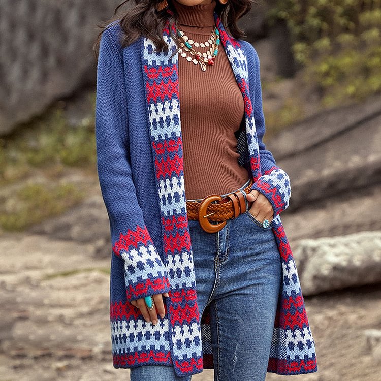 Vefave Vintage Contrast Jacquard Sweater Cardigan