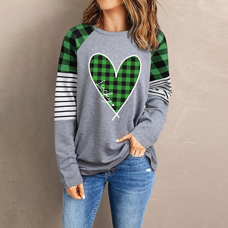 Comstylish Green Plaid Love Print Sweatshirt