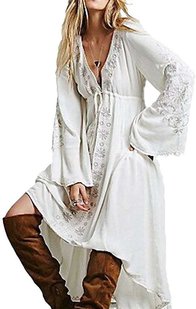 Womens Cotton Embroidered High Low Long Dresses