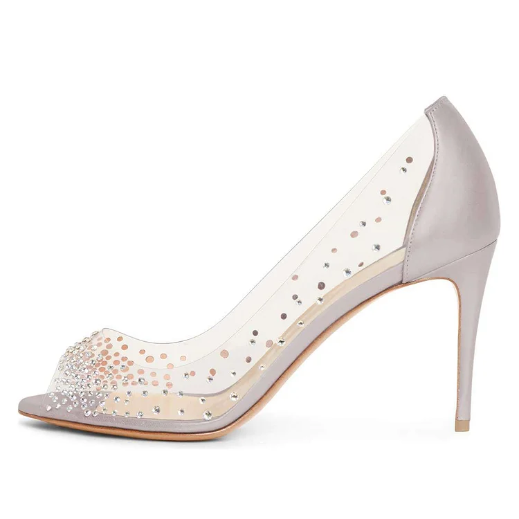 Silver Peep Toe Stiletto Heel Pumps with Clear Heels and Rhinestones. Vdcoo