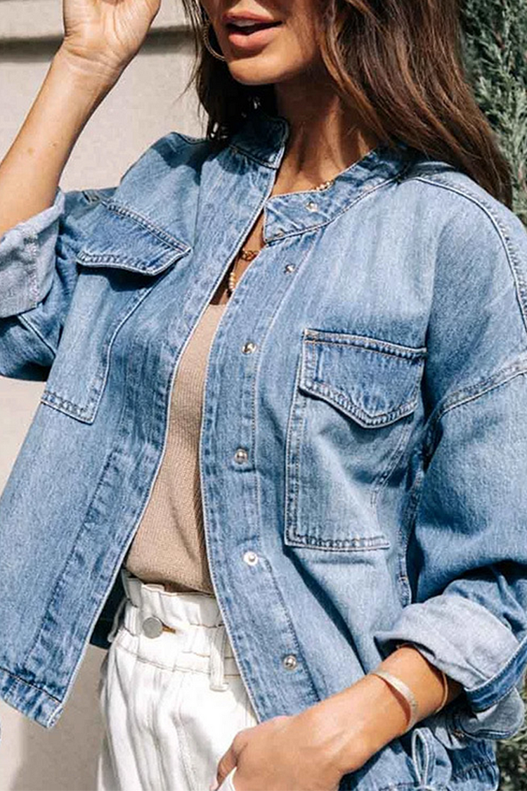 Casual Solid Patchwork Cardigan Collar Long Sleeve Straight Denim Jacket - Life is Beautiful for You - SheChoic